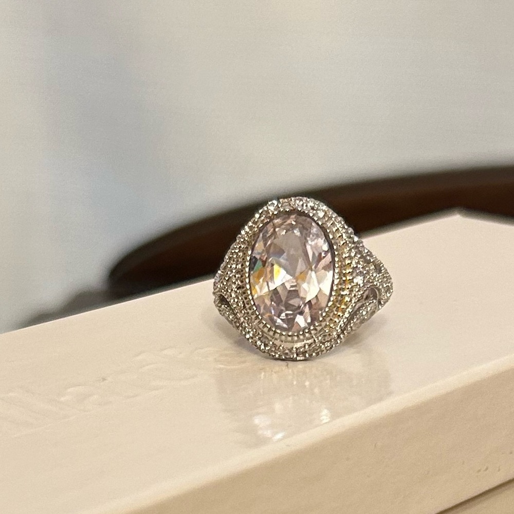 Vintage Size 6.25 Large Oval Diamond CZ Ring in Silver Tone Band